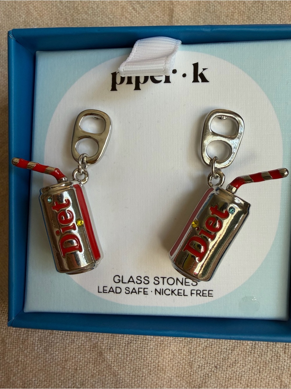 NIB~ Diet Coke Can Charm Earrings with glass crystal accents.